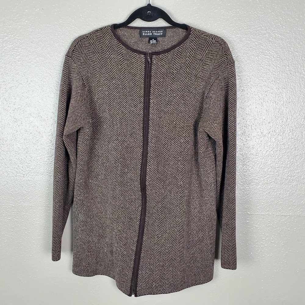 Ellen Tracy Gray/Black Herringbone Zip Front Wool/Silk Blend Jacket M